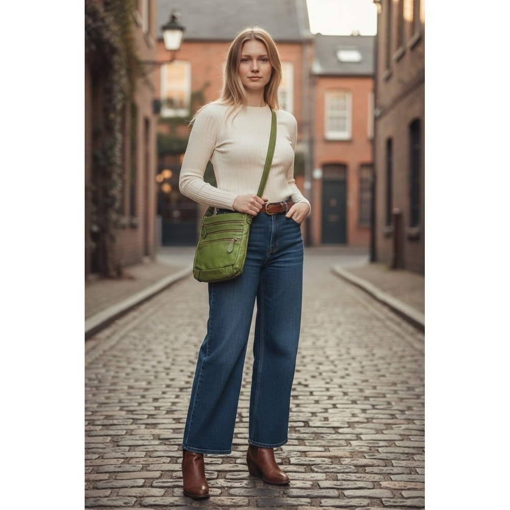 Bueno leather Crossbody Bag Womens Olive Green Adj Strap Triple Zip Pockets gold